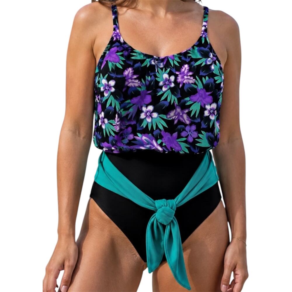 Vintage L.L. Bean One Piece Swimsuit Freeport, Maine Floral Tank Belted Purple L